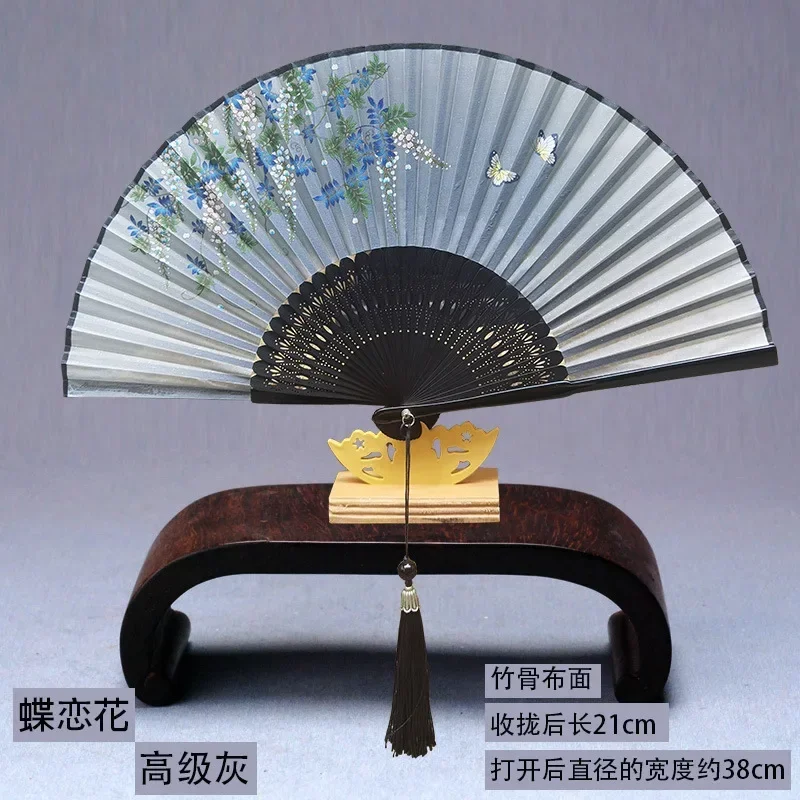 Chinese Japanese Silk Folding Fan Wooden Shank Classical Dance Fan High Quality Tassel Elegent Female Fan Home Decoration