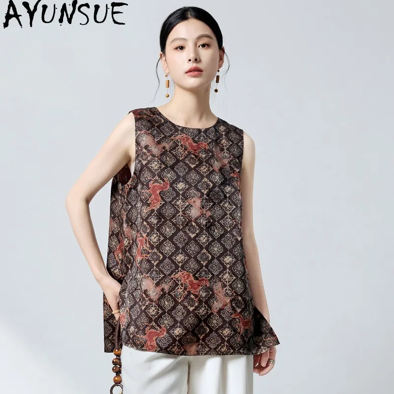 

AYUNSUE Xiangyunsha Silk Women's Tanks Chinese Style O-neck Tops for Woman Elegant Summer Tank Tops Woman Clothes топ женский
