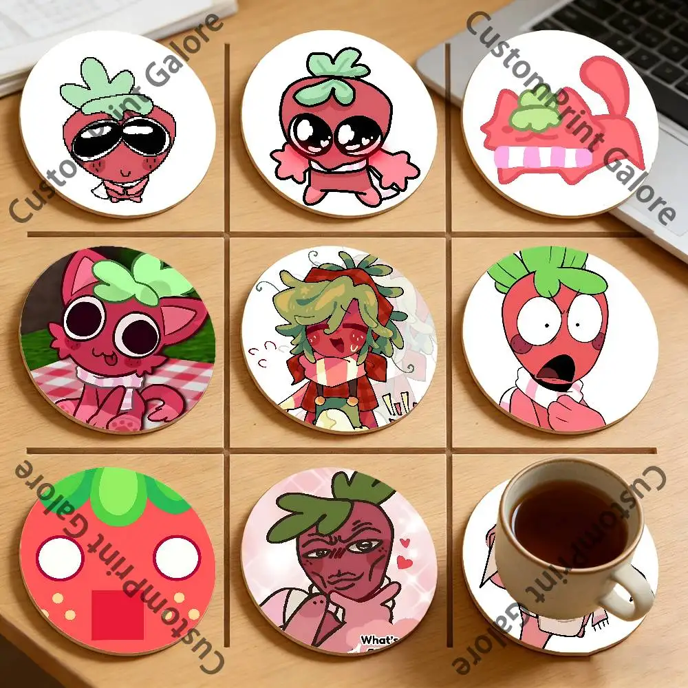 

Sprout Strawberry Round Pine Coasters Durable Reusable Beautiful Home Decor Non-Slip Water-Resistant