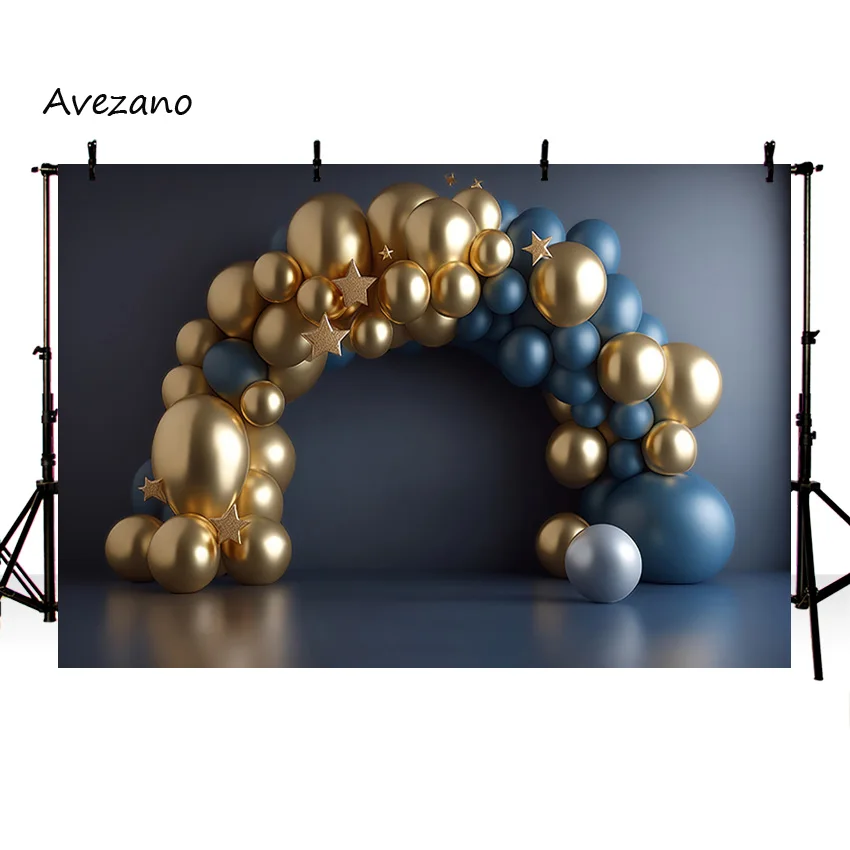 Avezano 3D Portrait Photography Background Boy Birthday Blue and Gold Arched Balloon Gate Cake Smash Photo Studio Photocall