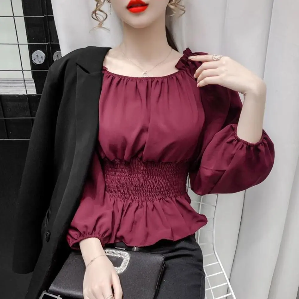 Elegant Chiffon Chiffon Blouse Off Shoulder Ruffled Ruffle Shirt Puff Sleeve Short Length Puff Sleeve Blouse Office Wear
