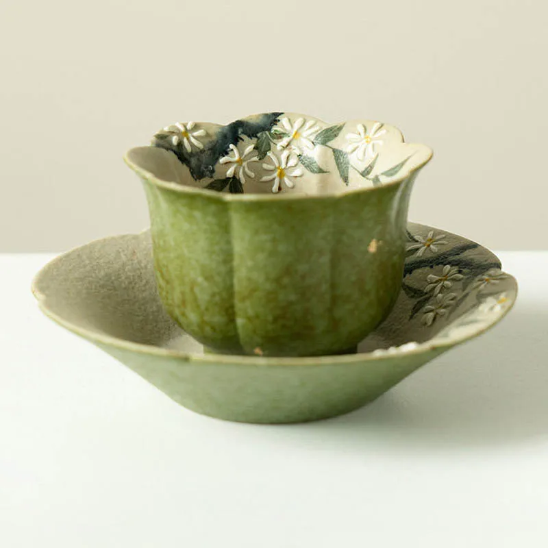 Chinese Minimalist Style High-Temperature Firing Ceramics Handicraft Drawing Cup And Saucer Set Thermal Insulation Kitchenware