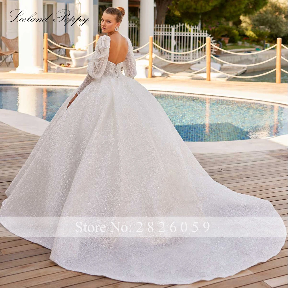 Lceland Poppy Customized Ball Gown Wedding Dresses See Through Beaded Lace Bridal Gowns with Removable Sleeves