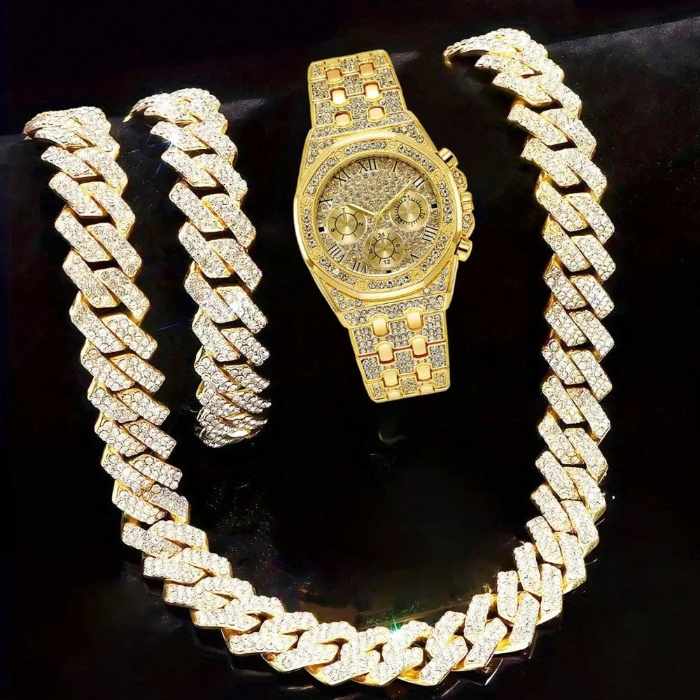 

Fashionable luxury rhinestone three eyelid rhinestone watch set paired with hip-hop trendy necklace ring bracelet combination