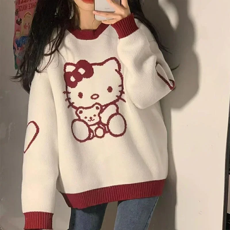 Hello Kitty Love Sweater Girl Autumn Winter Cute Outside Wearing Cartoon Jacquard Round Neck Jumper Sweater Sweet Loose Top Gift