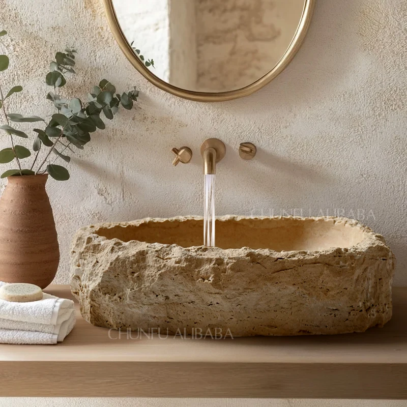 2026-Modern Travertine Vessel Sink Natural Stone Basin Irregular Shape Rustic Bathroom Vanity Washbasin Polished Travertine Ston