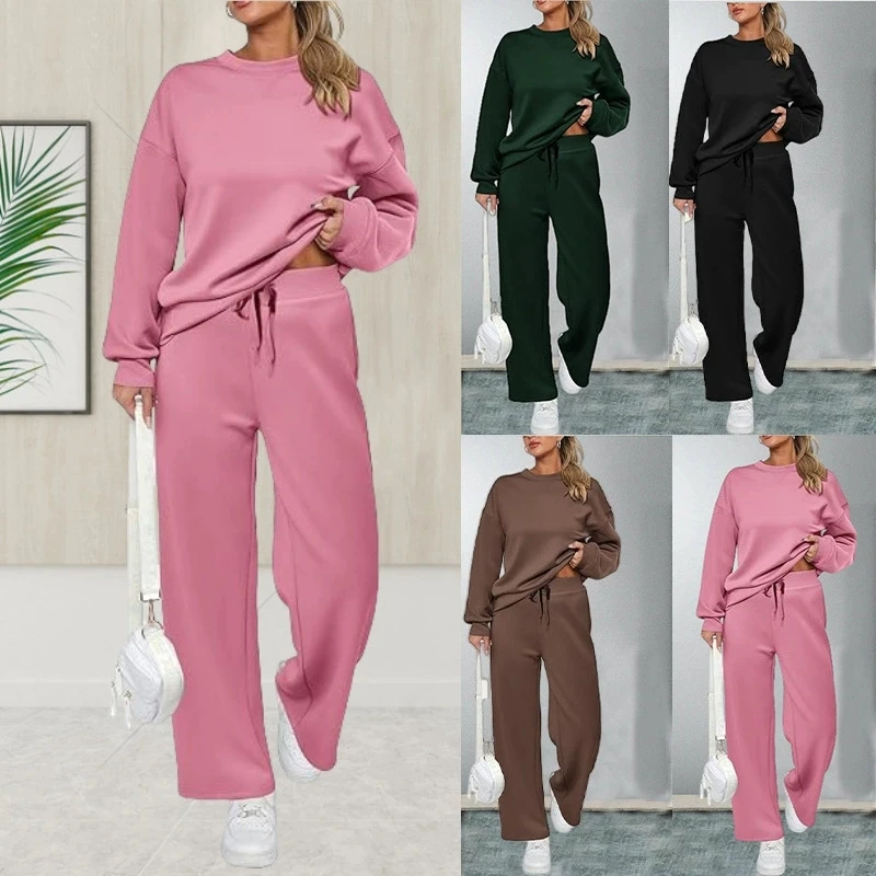 

2024 women's knitted two-piece set with long sleeve top and casual wide-leg pocket trousers