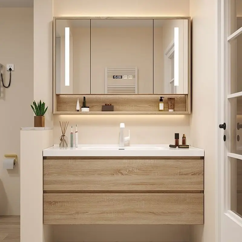 Log Color Simple Bathroom Smart Bathroom Cabinet Combination Ceramic Integrated Wash Washbasin Cabinet Bathroom Multi-layer Boar