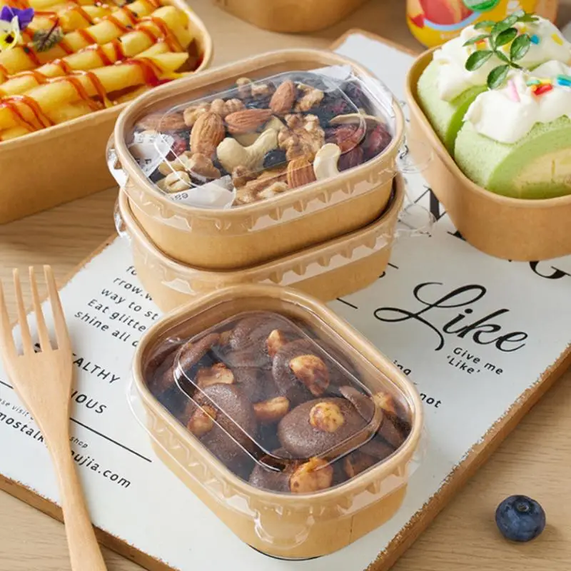 New 10PCS/Set Lunch Box Kraft Paper Square Lunch Box Fast Food Packing Boxes Paper Bowls With Lid Household Bento Boxes