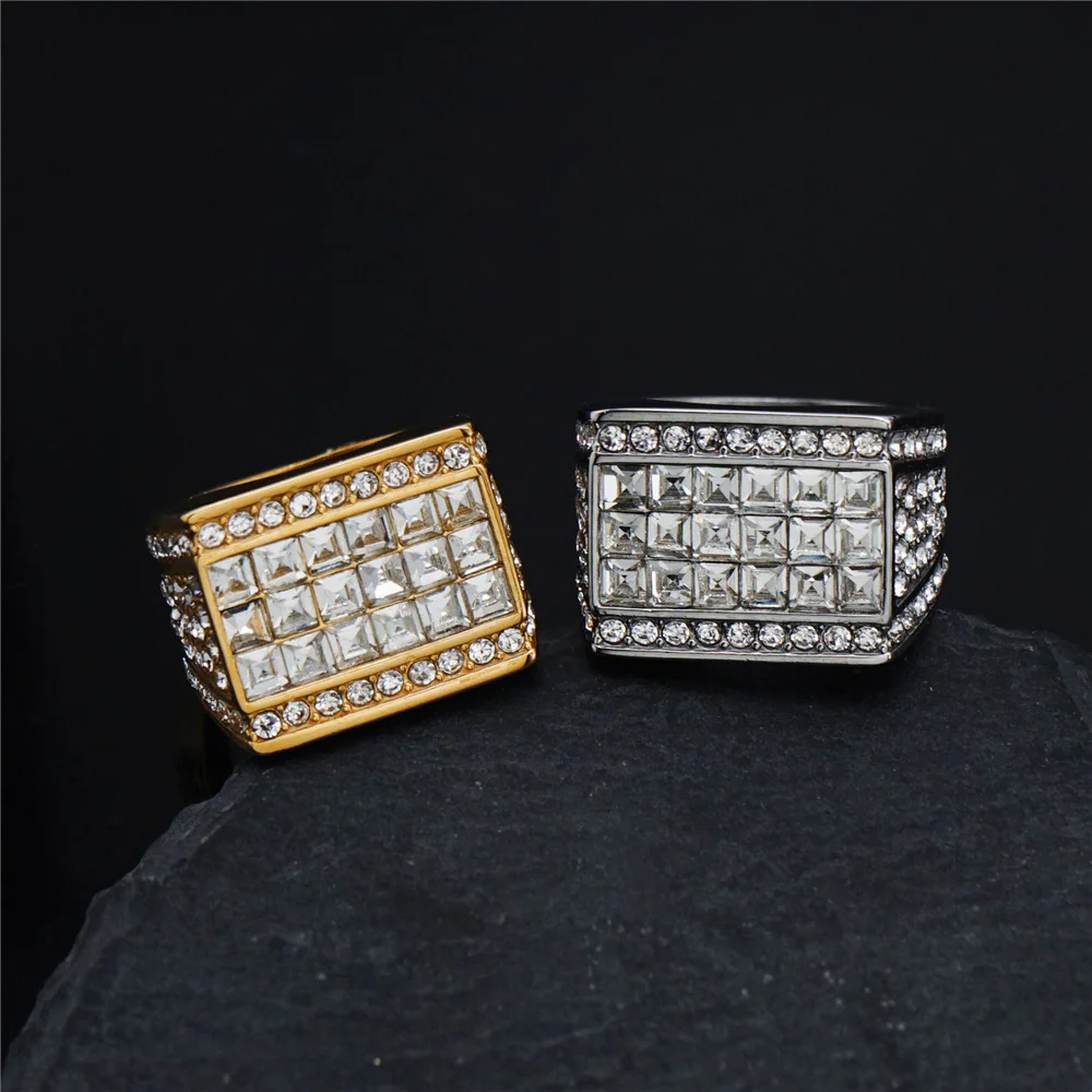 Iced Out Men\'s Ring Gold Color Stainless Steel Cubic Zirconia Bling Big Square Rings For Men Rapper Hip Hop Jewelry Dropshipping