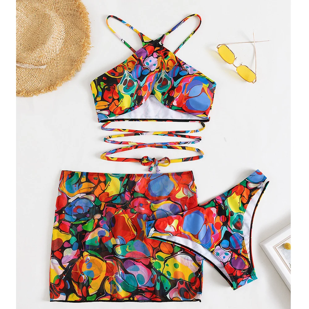 VigoCasey Sexy Crolor Cross Hollow 3PCS Print Skirt Bikini Set Stroje kąpielowe Kobiety 2025 High Cut Push UP Strój kąpielowy Letni strój kąpielowy