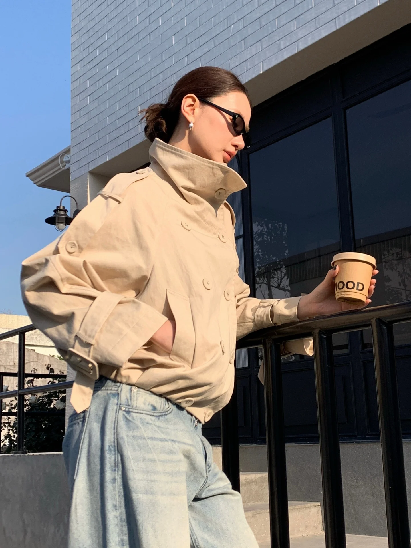 

British Style Women's Short Casual Jacket Double Row Buttons Stand Collar Spring New Fashion Outerwear Cotton Blend Fabric
