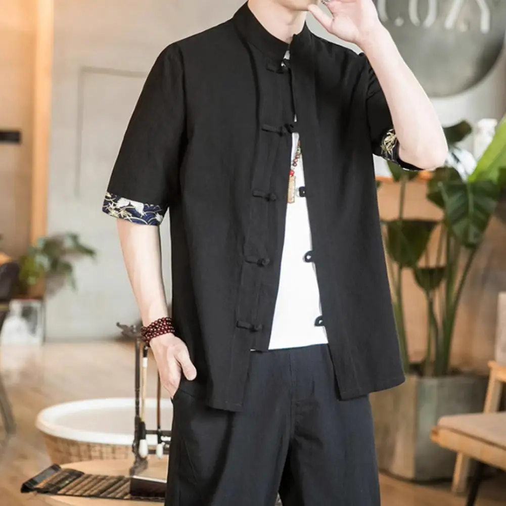 Loose-fitting Shirt Chinese-style Shirt Vintage Chinese Style Men's Shirt with Knot Buttons Stand Collar Printed Cuffs Plus Size