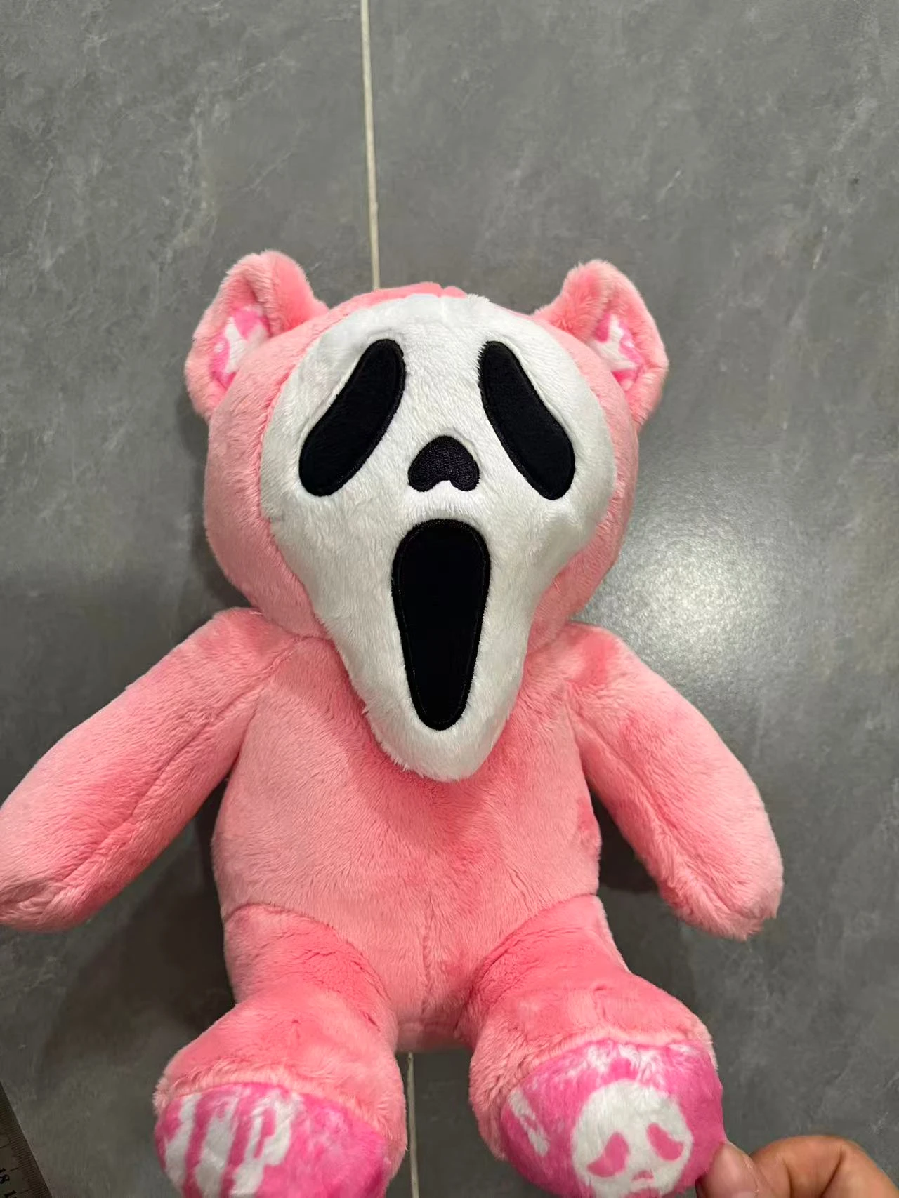 New Halloween Spooky Ghost Face Bear Plush Doll Soft Stuffed Toy Black Pink Two‑Tone Creepy Cute Collectible Present for Fans