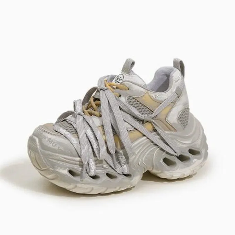 

9cm Women Microfiber Leather Dad Shoes Spring New Style Breathable Mesh Tie-Up Design Foot Slimming Sports Casual Running Shoes