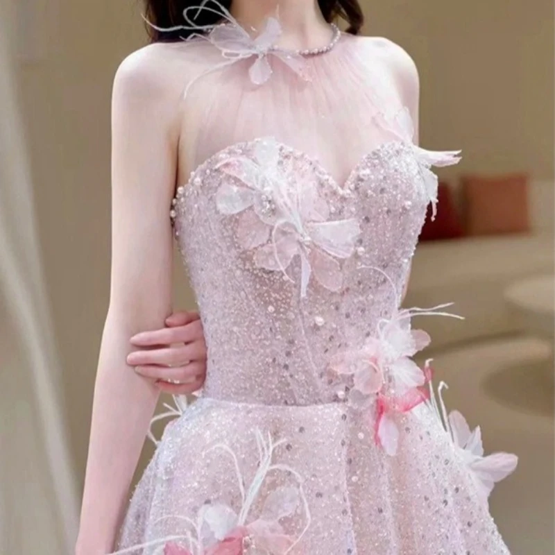 Illusion rose robes de demoiselle d'honneur perles douces perles appliques longues robes d'anniversaire exquise licou dos nu robe de soirée formelle