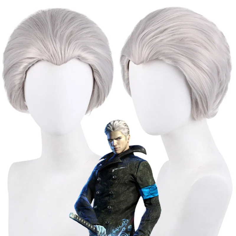 

Vergil Cosplay Wig Game Nelo Angelo Wig Silver White Hair Carnival Halloween Comic Animation Party Adult Men Wigs + free wig cap