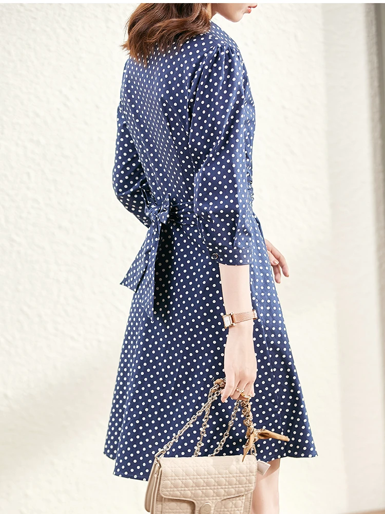 VIMLY Spring Summer Shirt Dress for Women Elegant Fashion Cotton Puff Sleeve A-line Blue Dot Vintage Dress Office Lady V0783