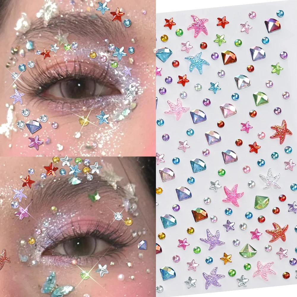 1Pc 3D Face Aurora Colorful Diamond Star Tattoo Stickers DIY Eyes Face Body Rhinestones Festival Makeup Tattoos Stickers 8X12CM