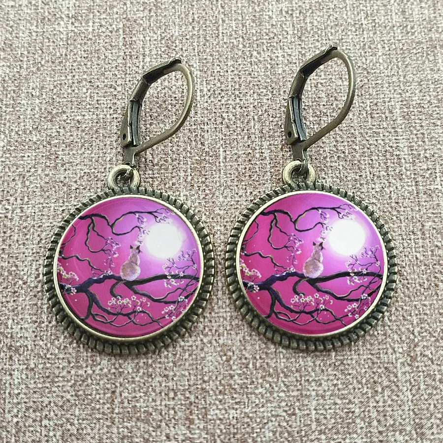 Glass Cute Cat Under The Night Sky Women Dangle Earrings Fashion Drop Earrings, New Kitten Glass Cabochon Lady Earrings Jewelry