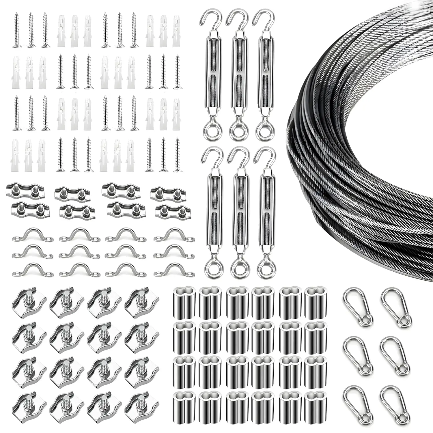 

Комплект для подвешивания гирлянд с прозрачным ПВХ-кабелем 300 футов и тросом из нержавеющей стали 304, с натяжителями и крючками, для использования на улице