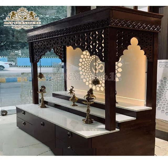 Aspecto de mármol Om diseño Mandir para el hogar, diseño moderno, templo de madera de teca para habitación de Pooja, comprar Mandir de madera de tendencia en venta