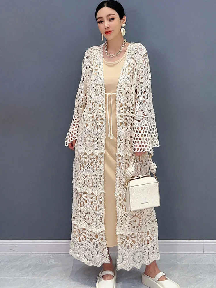 SHENGPALAE 2024 Summer New Women's Long Lace Coat With Lace Hooks Hollow Fashionable Elegant Loose Versatile Overcoat  5R9897