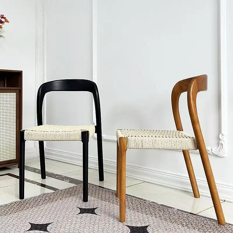 Wooden Rope-woven Backrest Chair, Dining Table Chair, Rattan-woven Desk Chair, Home Use, Living Room, Balcony Chair