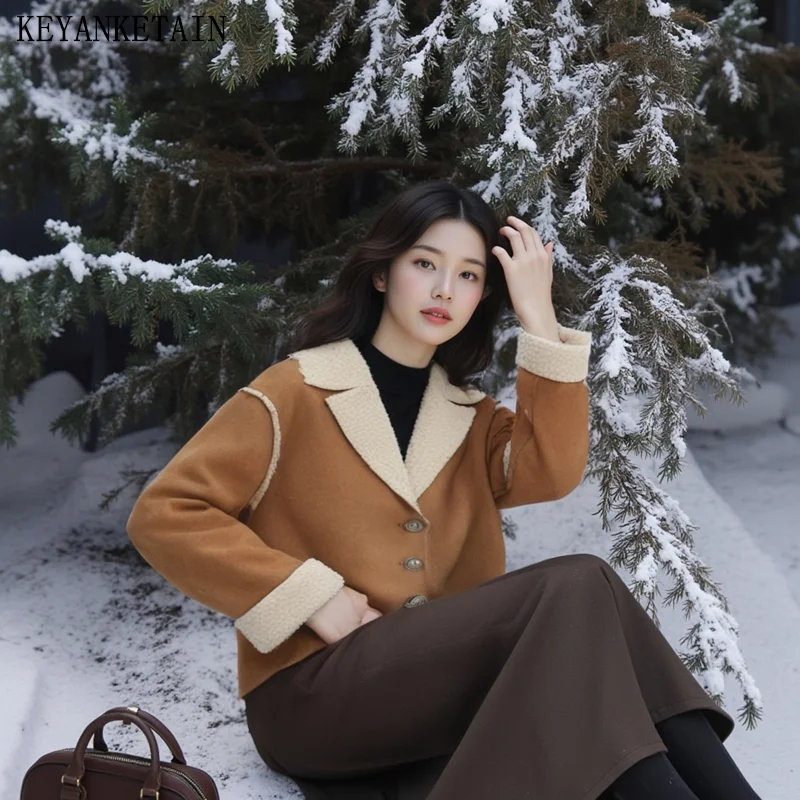 KEYANKETIAN 2025 New Women's Suede Double Faced Fur Jacket Retro style Single Breasted Loose Cropped Coat Boucle Outerwear Top