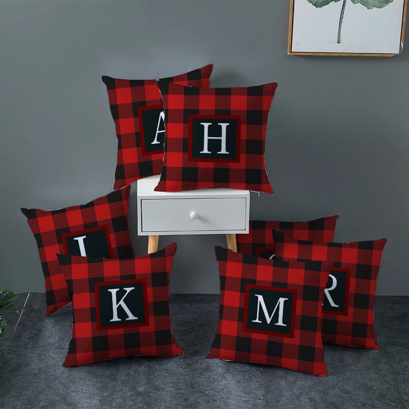 Christmas Throw Pillow Cover Plaid Letter Print Cushion Pillow Case Soft Pillow Protector for Home Sofa Decorations