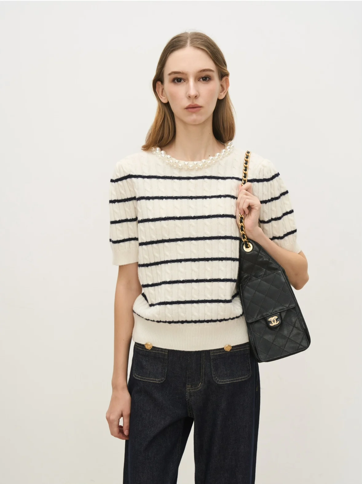 

Ранняя осень, шерстяной топер из смеси тяжелой вышивки, ор Све, вязаный свитер, повседневный открытый кардиган с жемчужными деталями в полоску...