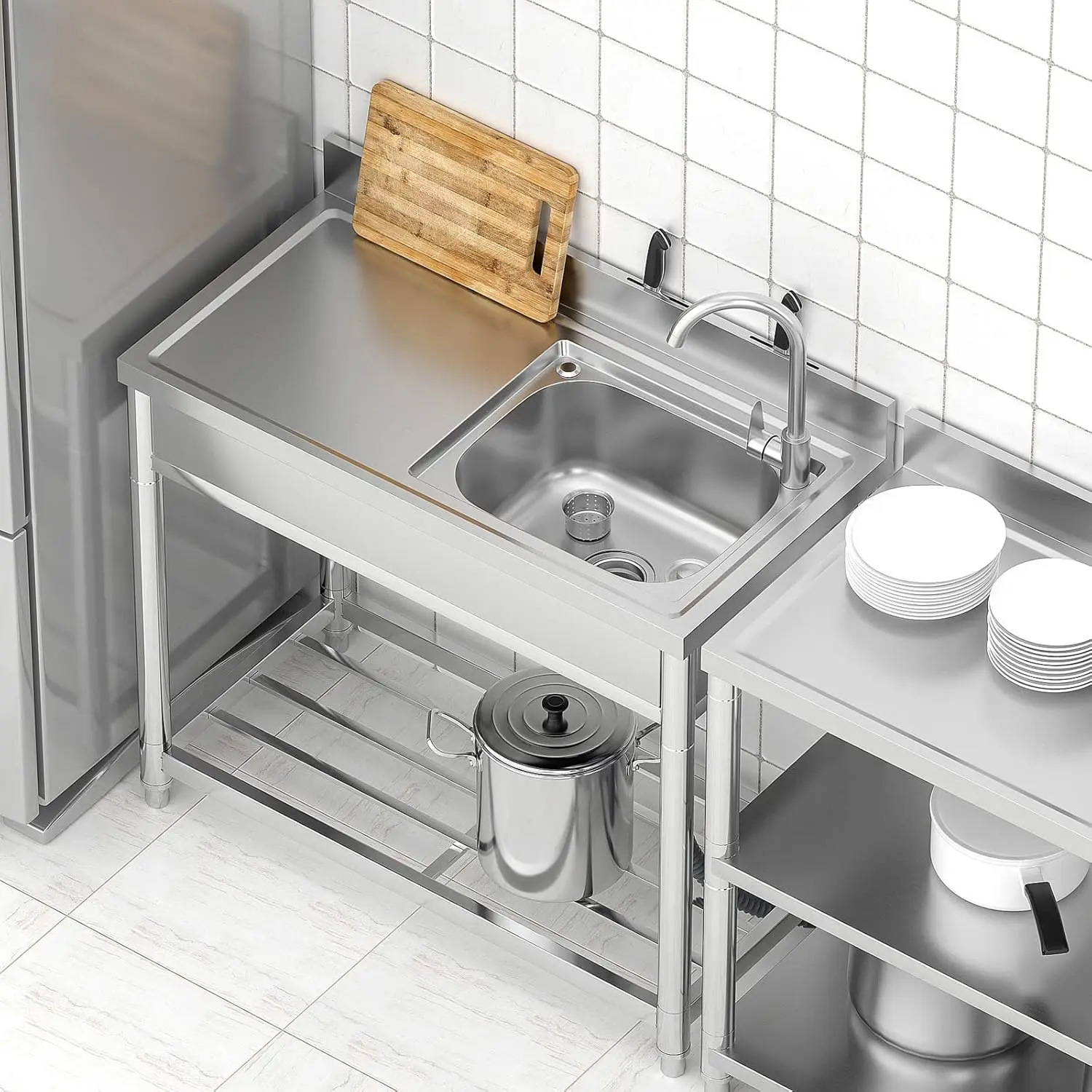 Commercial Restaurant Kitchen Sink Set, Free Standing, Aço Inoxidável, Única Tigela, Faucet and Drainboard, Prep & Utility Washing