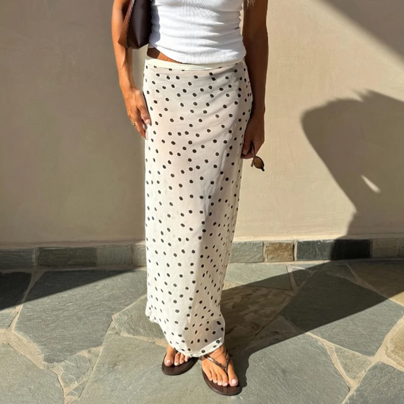 

Typhaland Polka Dots Sexy Sheer Skirt Women's Side Zipper Slim High Waist See Through Long Skirt Straight Summer Fashion Clothes
