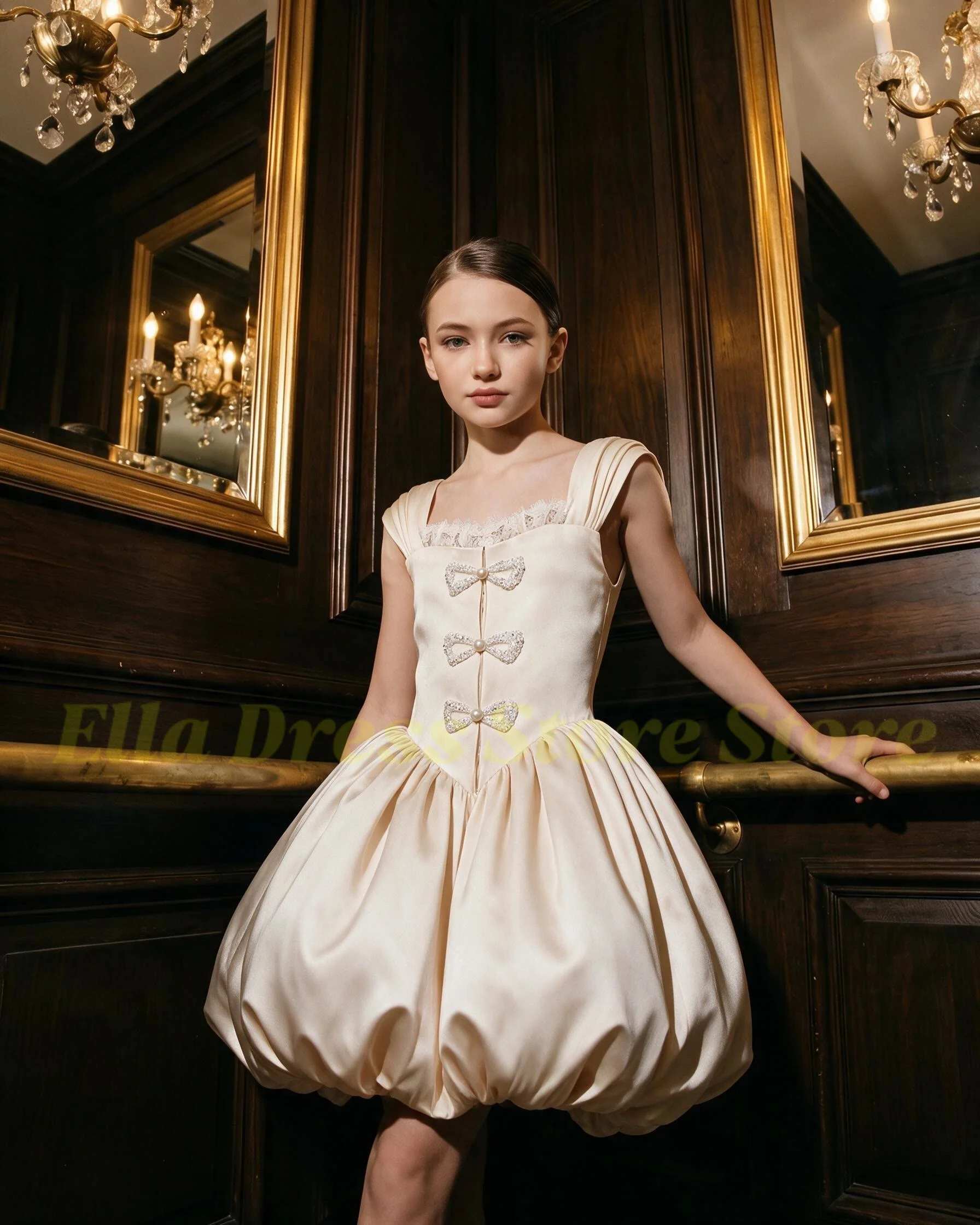 Maßgeschneidertes rosa Satin-Blumenmädchenkleid für Hochzeiten, kurze Ärmel, hübsches Erstkommunionkleid mit Schleifen, Kindergeburtstagsfeier, Großhandel – Detail 2