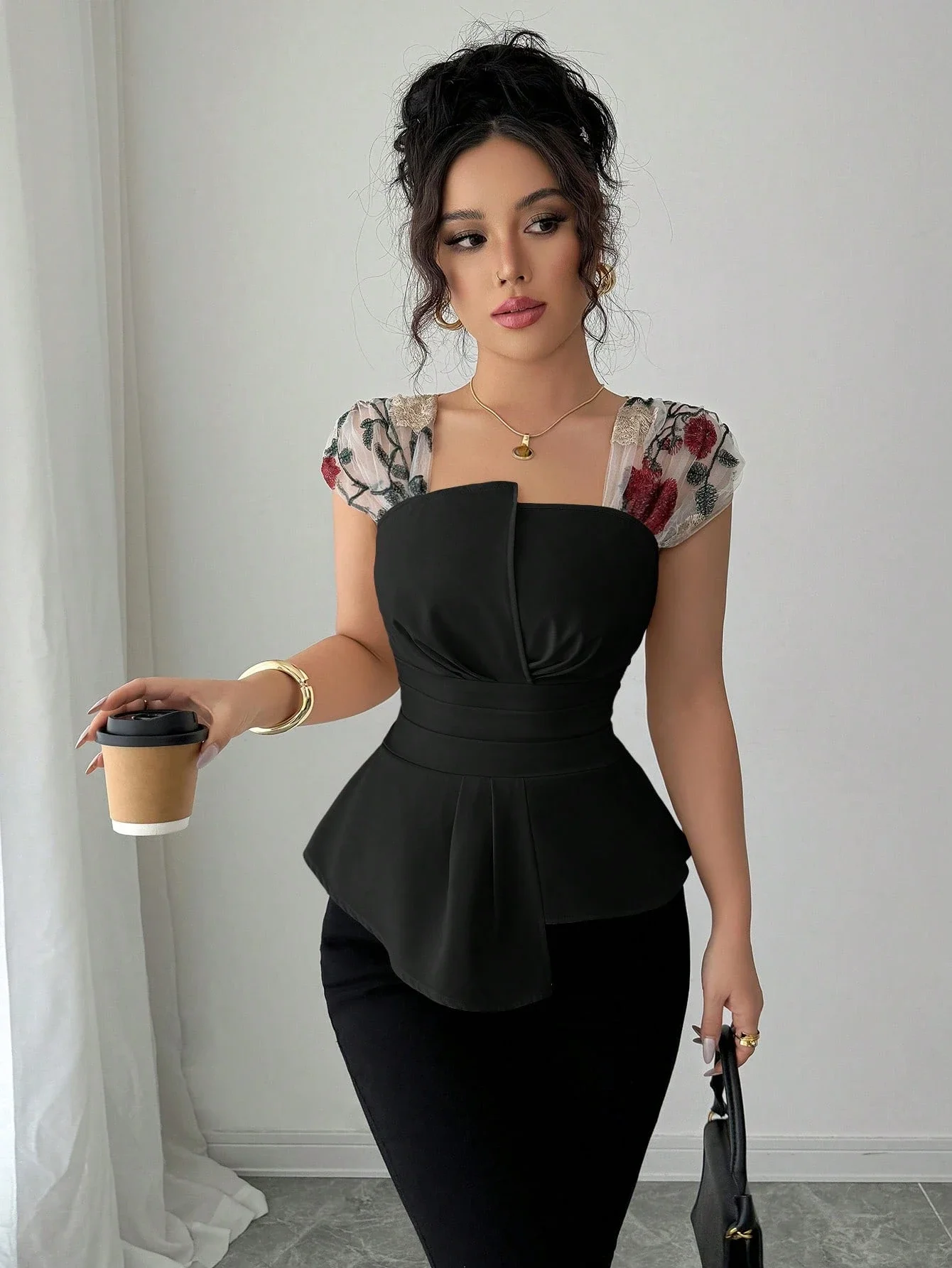 

Women's Waisted Asymmetrical Patchwork Embroidery Sheer Chiffon Peplum Top