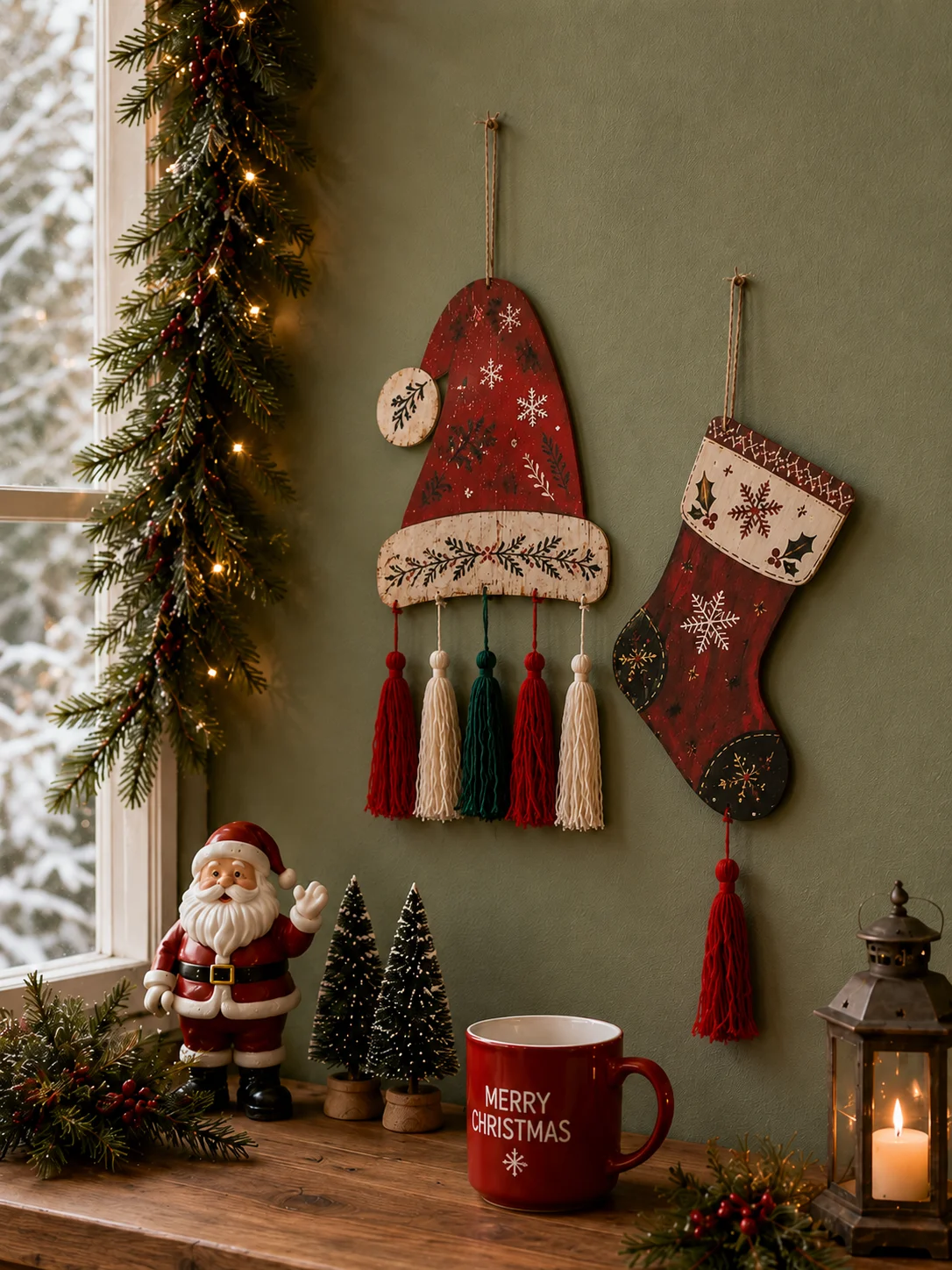 Vintage Christmas Wall Hanging Sign, Santa Hat & Stocking Shape Plaque, Rustic Farmhouse Xmas Door Wall Decor for Holiday Home