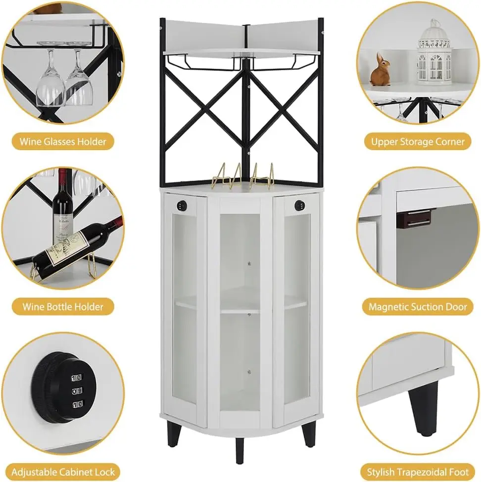 خزانة مشروبات مع باب زجاجي قابل للقفل، وإضاءة LED، ووحدة بار من 4 طبقات، وبار منزلي حديث للمزرعة، باللون الأبيض