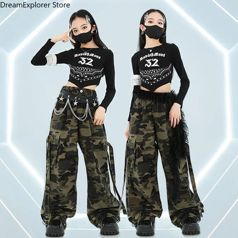 

Girls K-pop Crop Top Hip Hop Camouflage Cargo Pants Clothes Sets Children Street Dance Girl Group Costumes Kids Cool Streetwear