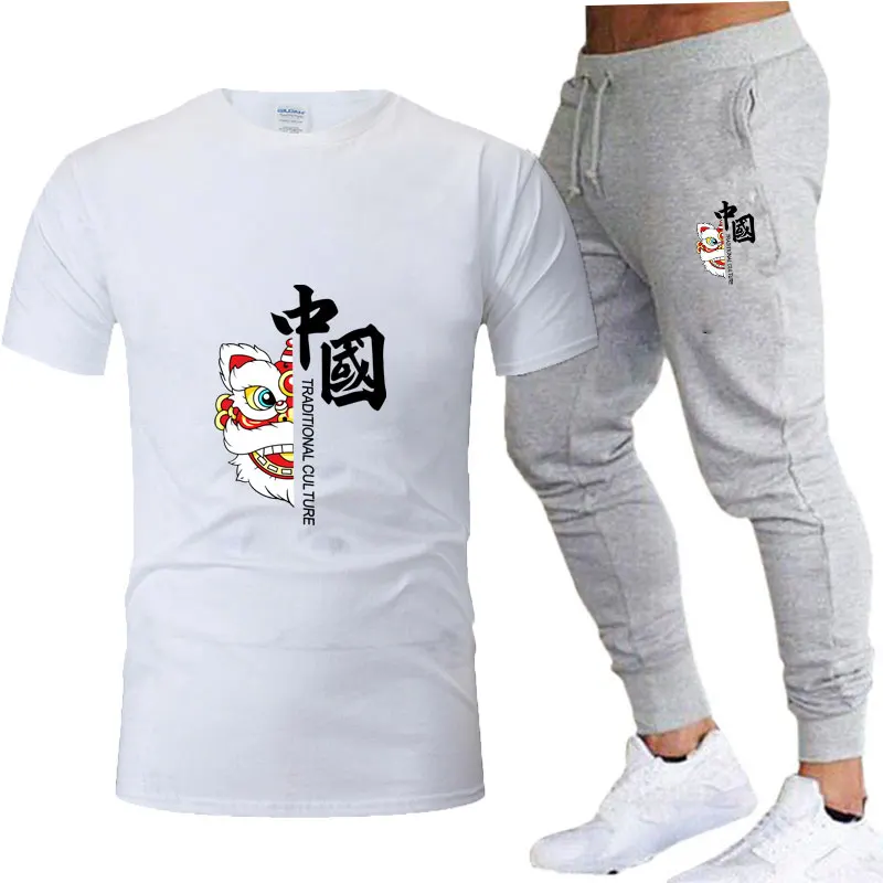 Camiseta de algodón de verano 2025, pantalones deportivos largos, conjunto para hombre, ropa transpirable de secado rápido para Fitness y ocio, cintura alta E