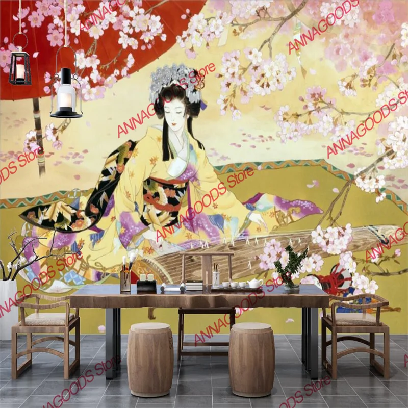 Custom 3D Japanese Ukiyo-e Geisha Sakura Wall Paper 3D Sushi Restaurant Izakaya Tatami Decor Mural Wallpaper Papel De Parede 3d