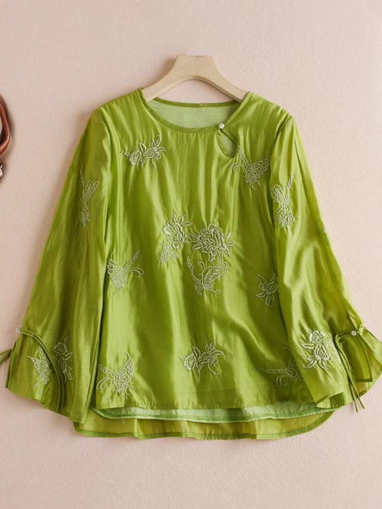 New Chinese Sle Double Layer Silk Embroidered T-irt Women's Vintage round Ne Belted Flared Sve Slimming Versatile Top