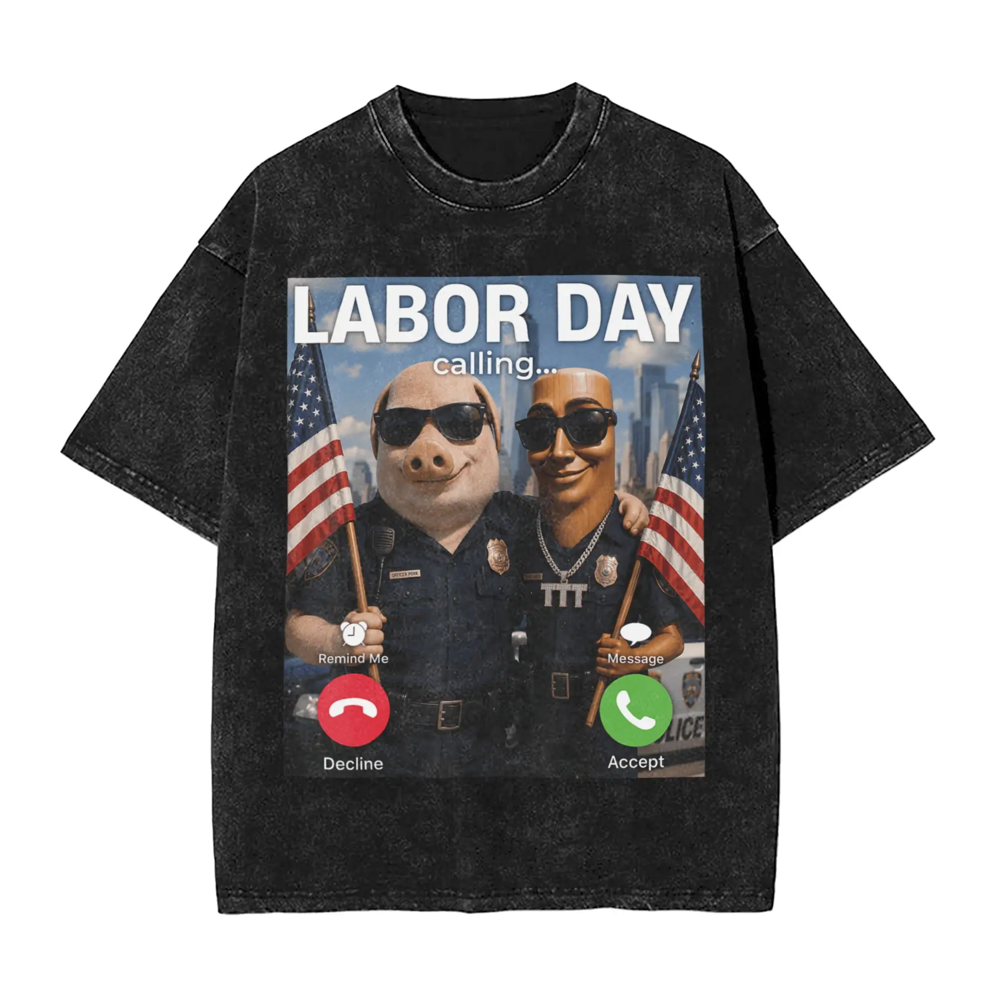Tung Sahur Police Officer John Pork Funny Labor Day Bro Meme Men T Shirts Washed  Leisure Tees Short Sleeve Crew Neck T-Shirt