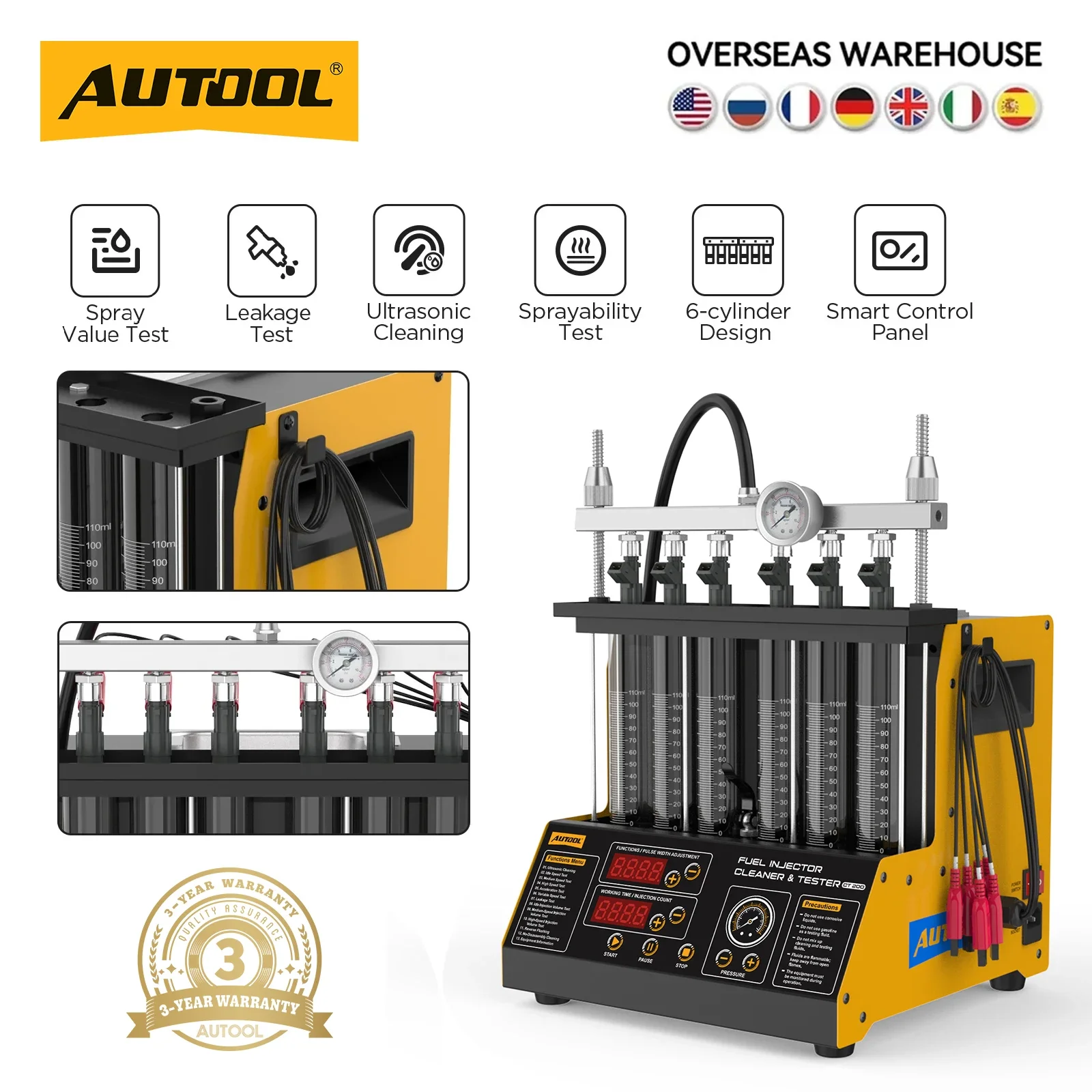 AUTOOL CT200 Fuel Injector Cleaner Tester 6 Cylinder Ultrasonic 110V 220V Petrol Nozzle Leakage Atomization Test Car Repair Tool