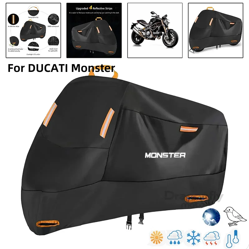 

Monster Logo Motorcycle Cover Waterproof Outdoor Scooter UV Protector Rain Cover For DUCATI Monster 796 Hypermotard Monster 696