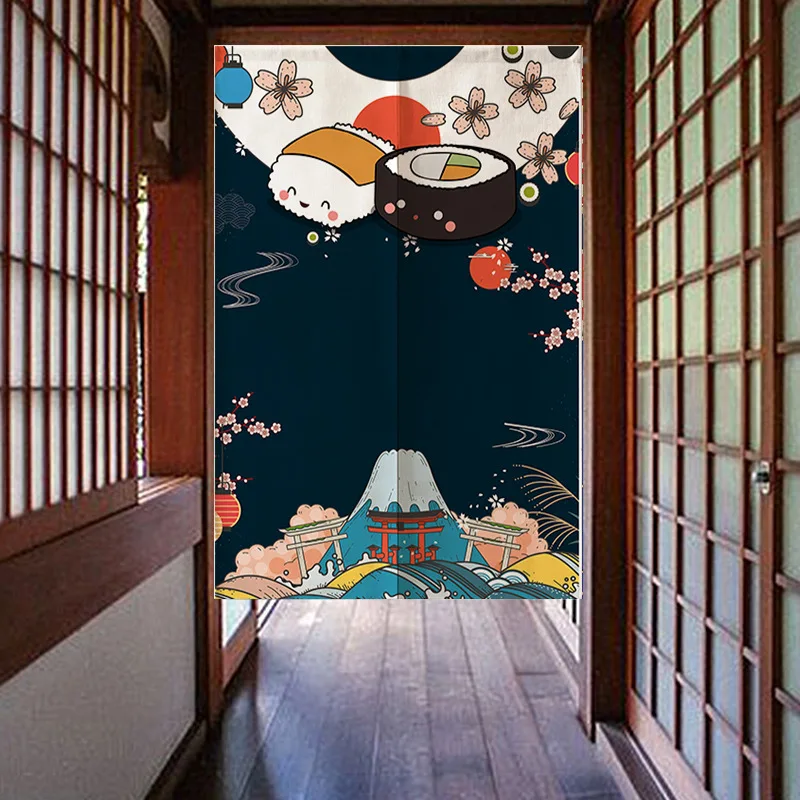 Traditional Japanese Noren Curtain with Wind Chime & Fish Design for Home, Restaurant Door Decor