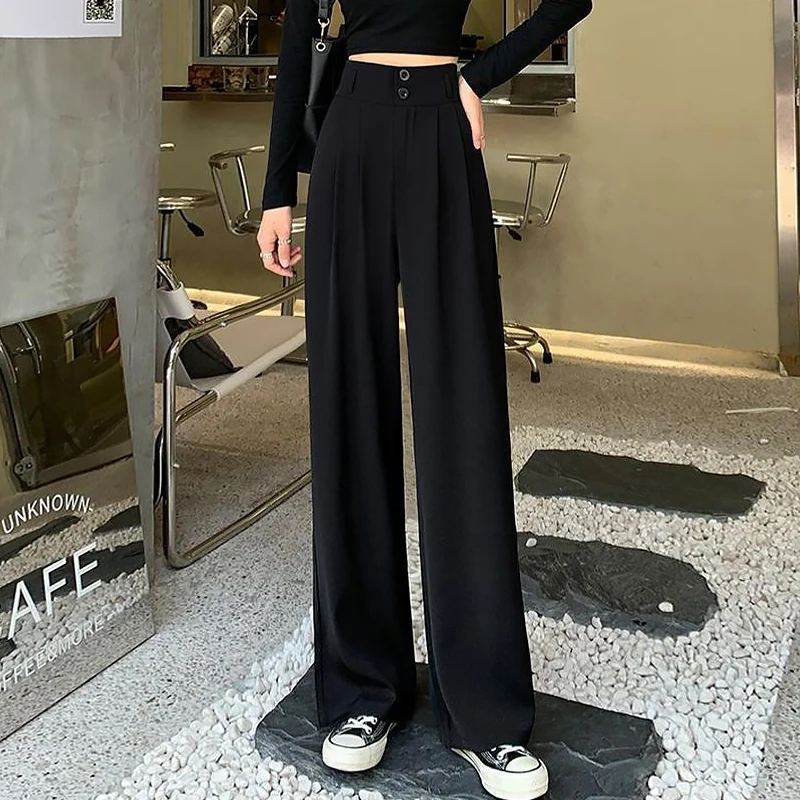 

Double-Button High-Waisted Slimming Straight Wide-Leg Pants Ice Silk Suit Pants