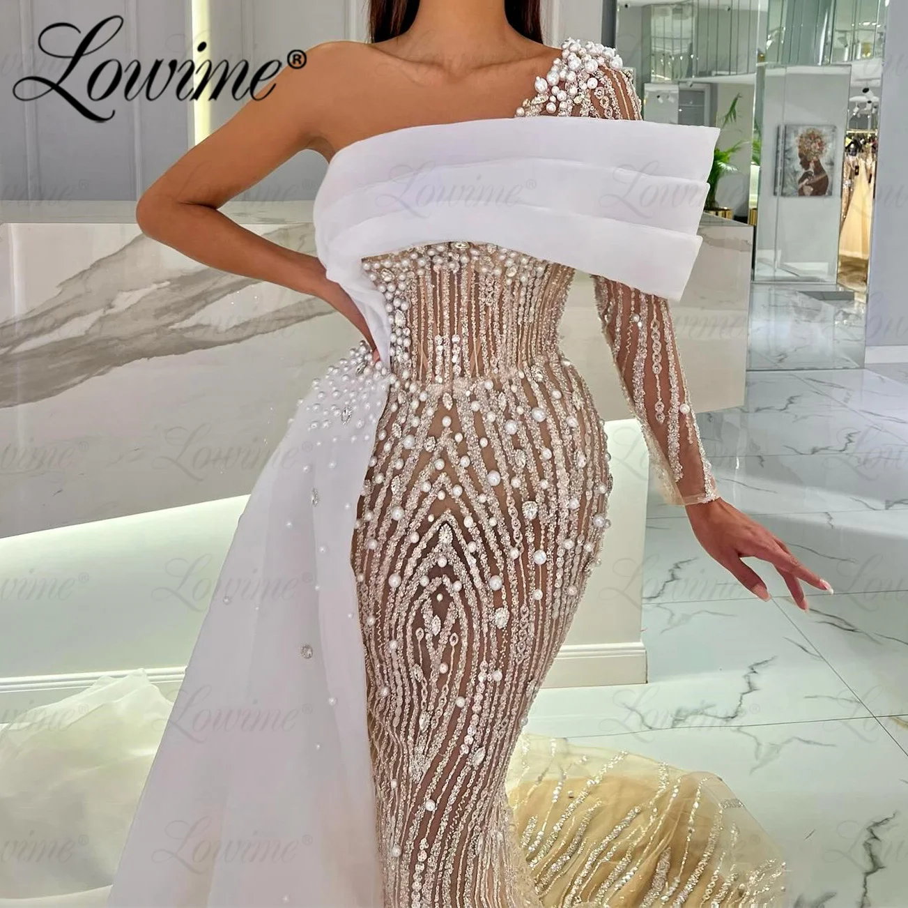 White and Champagne Arabic Evening Dresses One Shoulder Pearl Crystals Long Mermaid Party Gowns For Wedding 2024 Robe Prom Dress