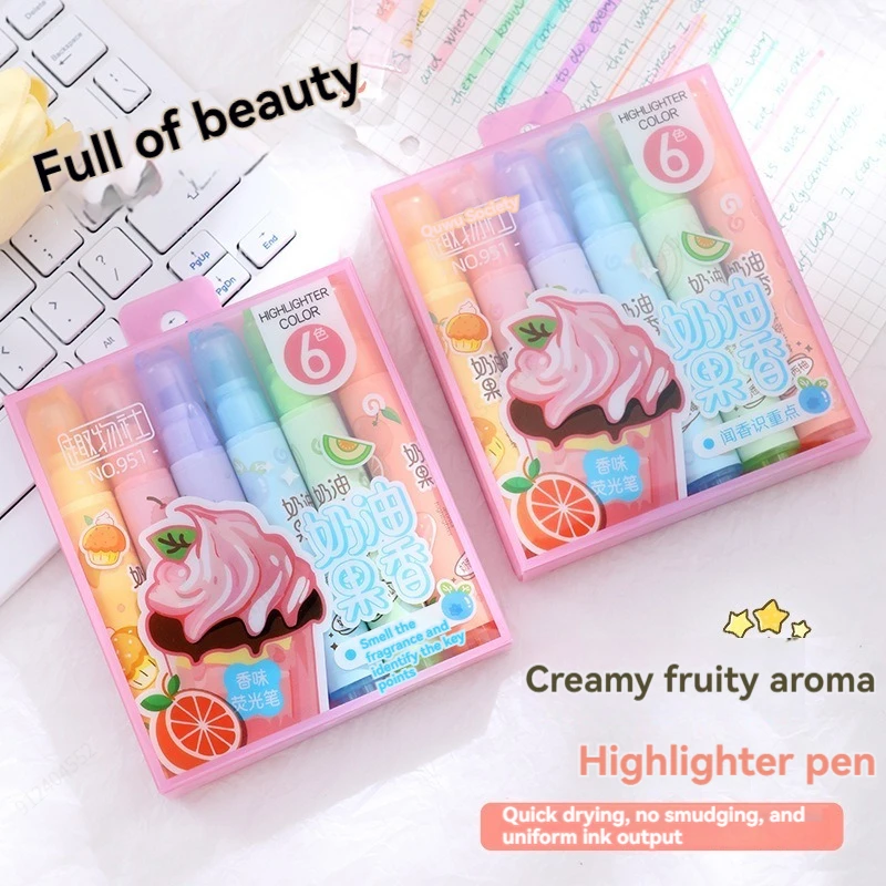 6Pcs Creamy Fruity Aroma Highlighters, Pastel Cute Assorted Colors, Fast Dry for Bible Journal, School & Office Supplies