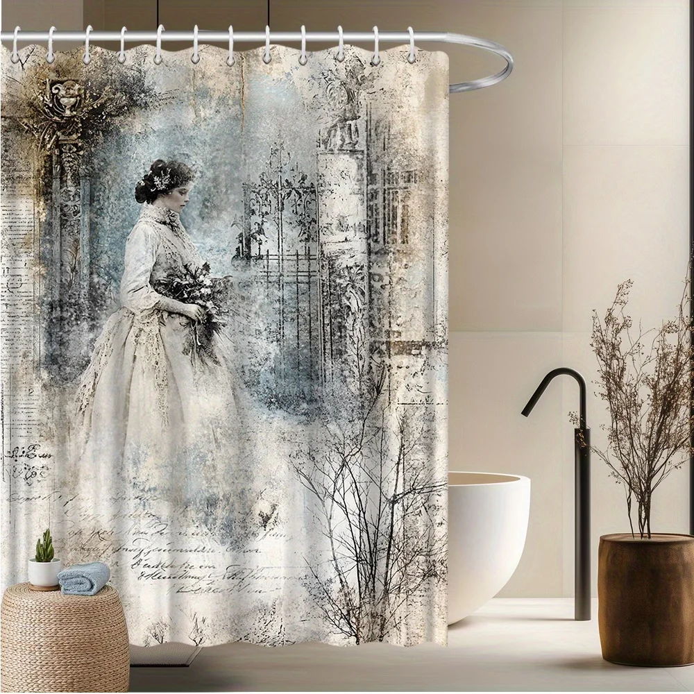 

1 шт. Винтажная женская занавеска для душа с цветочным букетом — полиэфирная ткань «Испоминание элегантной женщины» с цветами романтического и