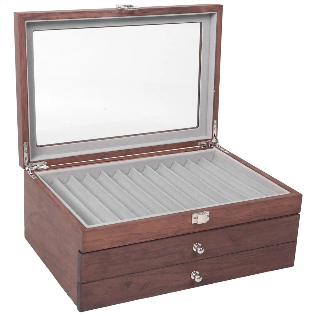 T64C! 34 Grid Walnut Pen Storage Case Luxury 3 Layer Pen Display Organizer Transparent Window Fountain Box Pen-Collection